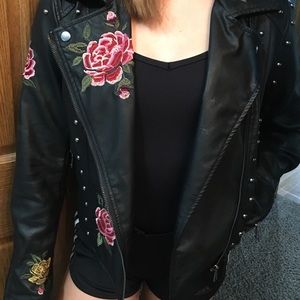 Flower print faux leather jacket